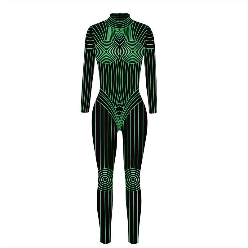 Woman Burnning Man Festival Outfit Female Party Catsuit Zentai Bodysuits Pink Green Print Costume Carnival Jumpsuit