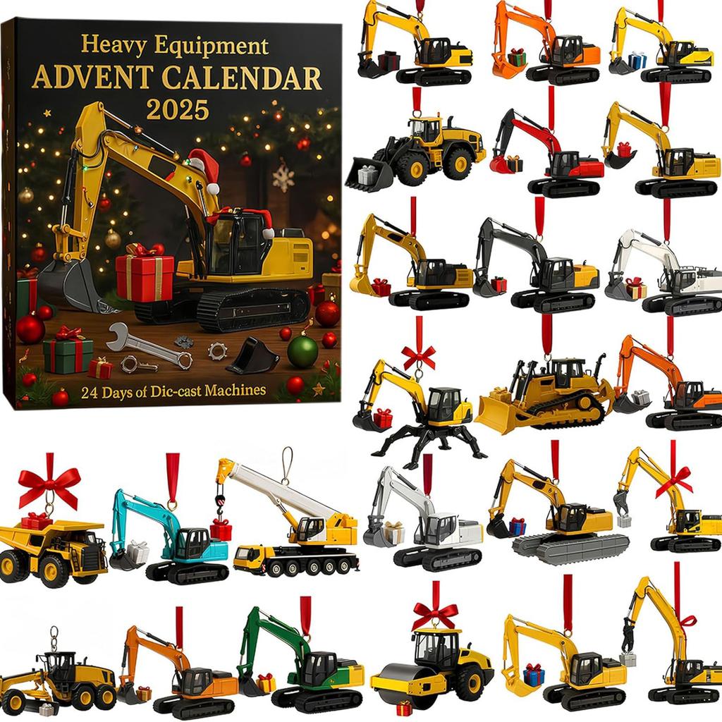 Heavy Equipment Advent Calendar 2025, 24 DieCast Machines,2D Flat Acrylic Mini Excavator Ornaments, Construction Vehicle Advent Calendar
