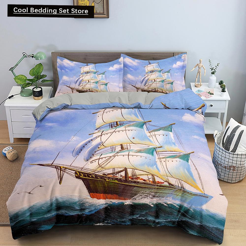 Nautical Sailboat Duvet Cover Queen King Size 3D Oil Painting Boat Style Bedding Set Ocean Soft 2/3pcs Polyester Quilt Cover