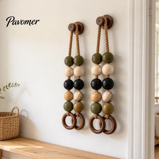 Boho Styl Nástěnná Dekorace pro Vstupní Halou Korálkový Dvojitý Kruhový Věšák na Ručníky, Rustikální Dřevěný Prostorově Úsporný Jedinečný Domácí Dekorace Stojan, Montovaný Konopný Provaz