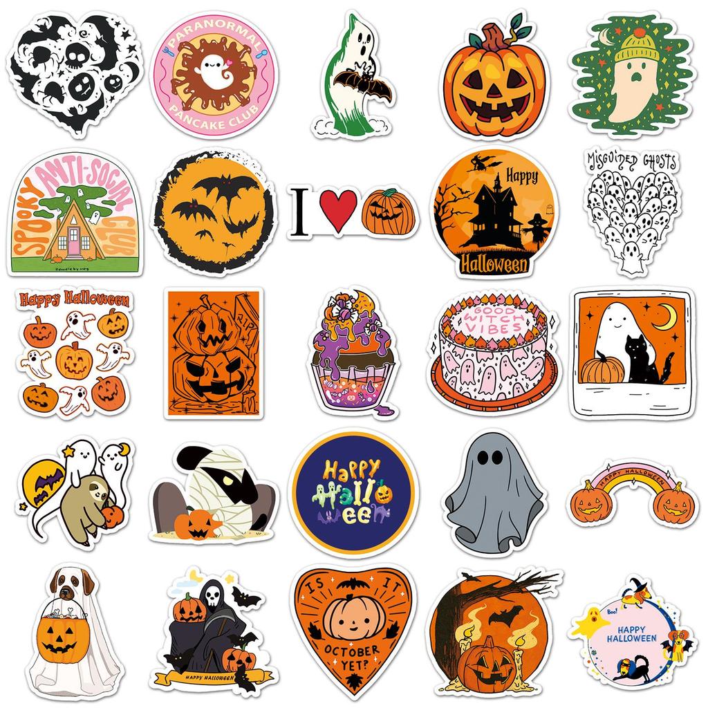 50 Scary Halloween Stickers: Cartoon Pumpkins for Notebooks, Journals, and Luggage
