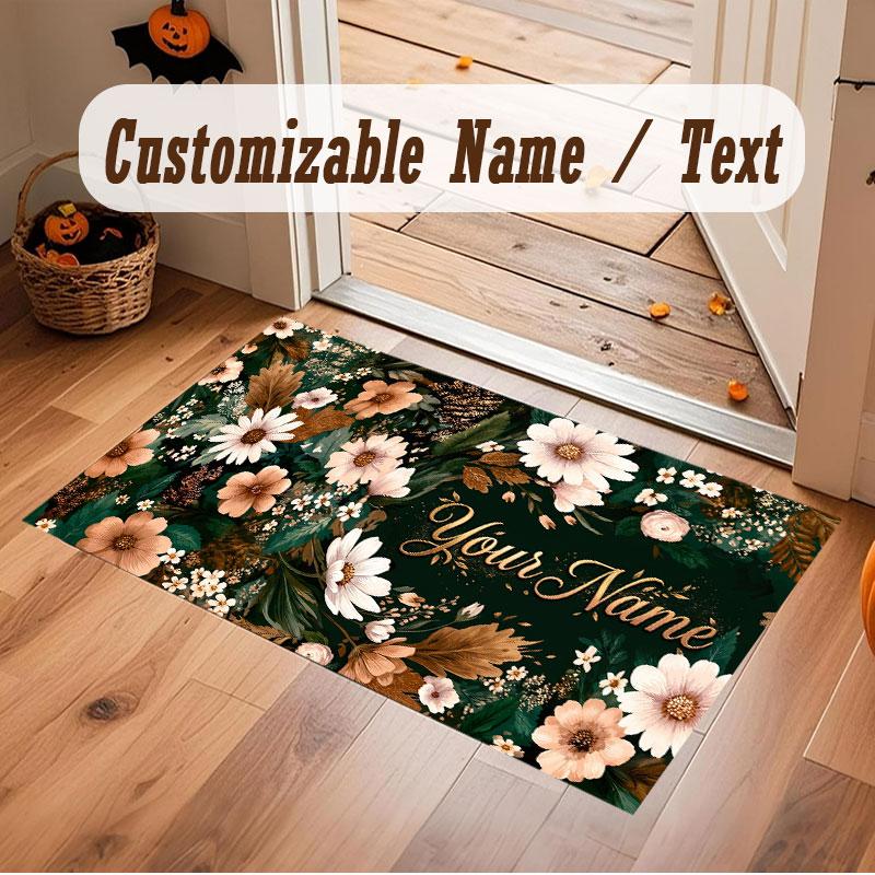 Floral Garden Theme Crystal Velvet Floor Rug Personalized Custom Name Text Warm Carpet Home Decoration