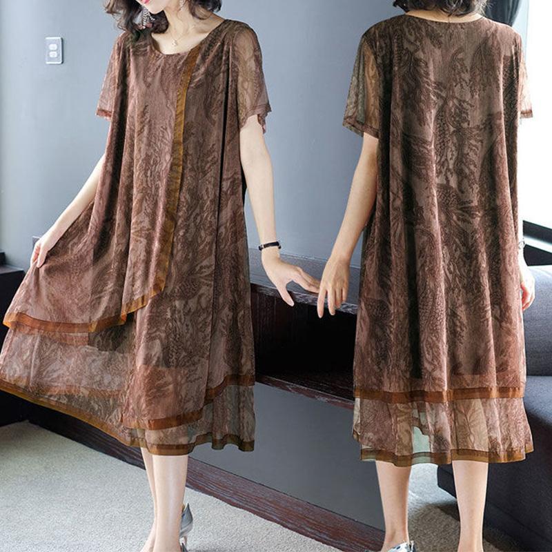 Elegant Fashion Leopard Printed Asymmetrical Dresses Summer 2025 Short Sleeve O-Neck Oversized Loose Midi Dress Women's Clothing