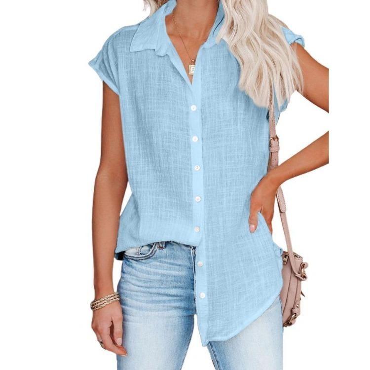 Women Casual Short Sleeve Shirt Summer Solid Color Lapel Top Single Breasted Blouse