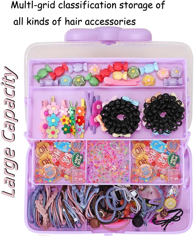 Girls Hair Accessories Collator Three-layer Folding Plastic Jewelry Box with Lock (Purple)