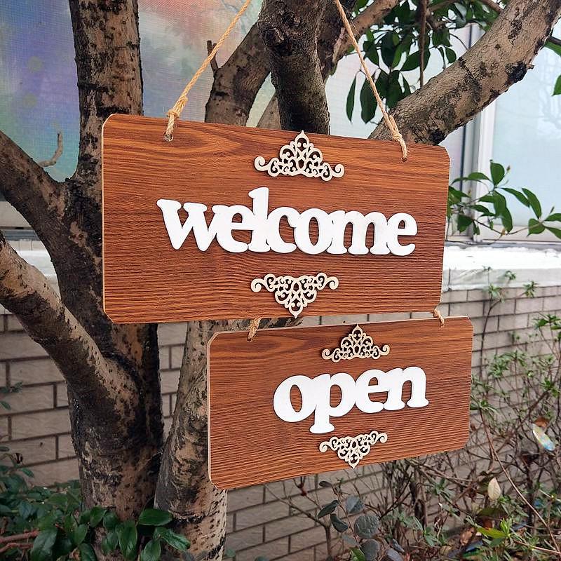 Wooden Cafe Door Sign Open Closed, Double Sided Hanging Board for Coffee Shop, Creative Wall Decor