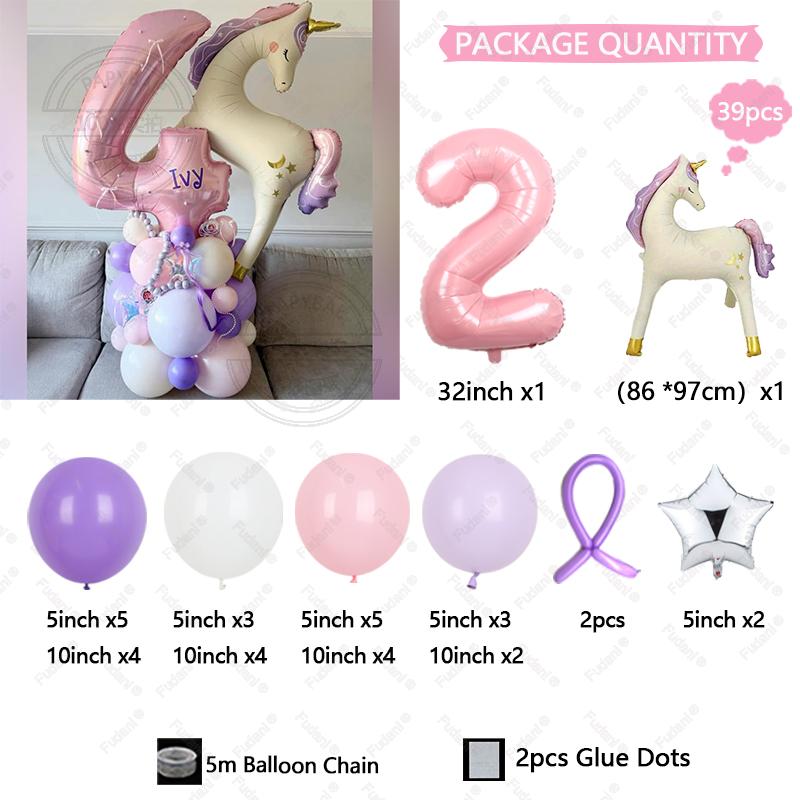 39pcs Cartoon Unicorn Balloon Pink Numbers 1-9 Birthday Balloon Set Cartoon Animal Theme Party Decoration Photo Background