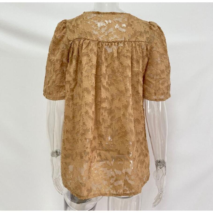 Odzież damska Dekolt w serek Letnia bluzka szyfonowa Jednolita Rękaw trąbkowy Koronkowa wycinanka Top