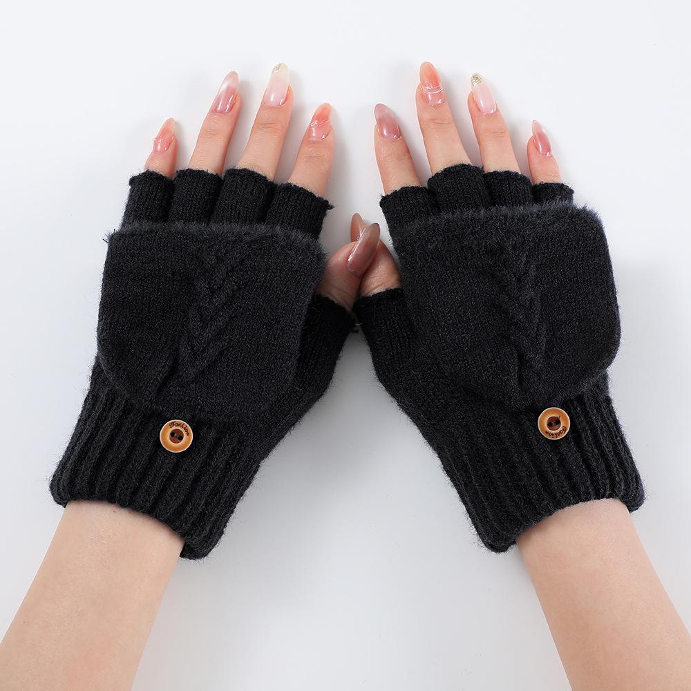 

1 пара осенне-зимних теплых шерстяных вязаных перчаток для женщин и девочек, утепленные флип-перчатки до половины пальцев, варежки чёрный