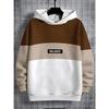 Minimalist boys' hooded sweatshirt with classic three color patchwork design, in beige, light coffee, and brown
