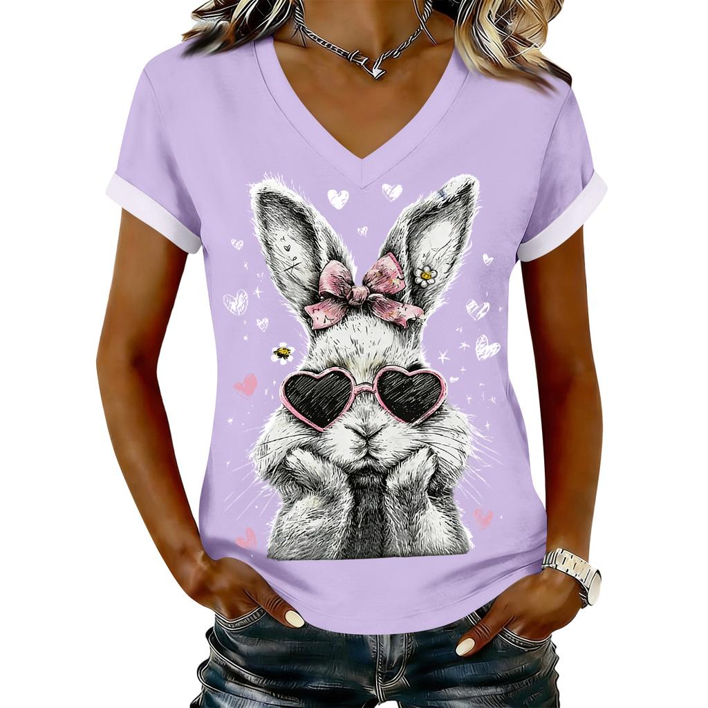 Women's Casual Printed T-Shirt V Neck Pullover Short Sleeve Top
