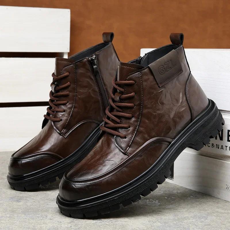 FashionLeather Boots Man Winter High Top Classic Basic England Black Men's Ankle Boots Fashion Young Plush Warm Trendy All-match Shoes