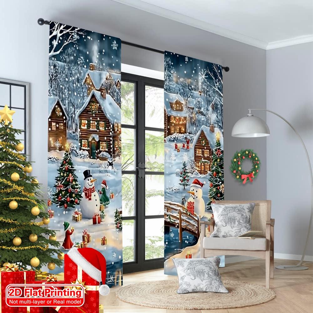 2D Flat Printing 2pcs Christmas Drapes Snowmen and Trees6 Machine Washable Fabric Without Electricity Spring Party & Holiday