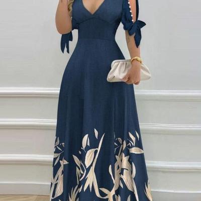 Women Maxi Dress Hollow Out Flower Print Tight High Waist Low-cut V Neck Bead Decor Floor Length A-line Patchwork Bow Half Sleeve Spring Fall