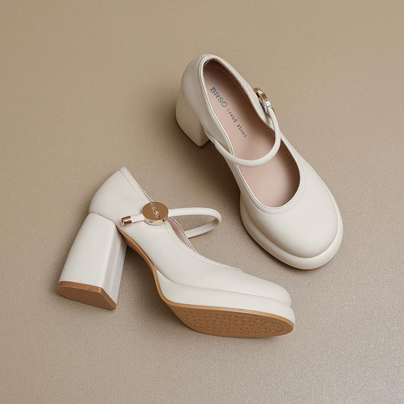 Dámské boty na vysokém podpatku silné podpatky jaro 2025 nový temperament jednobarevné boty lehká ústa univerzální pásek přes nárt francouzské boty Mary Jane