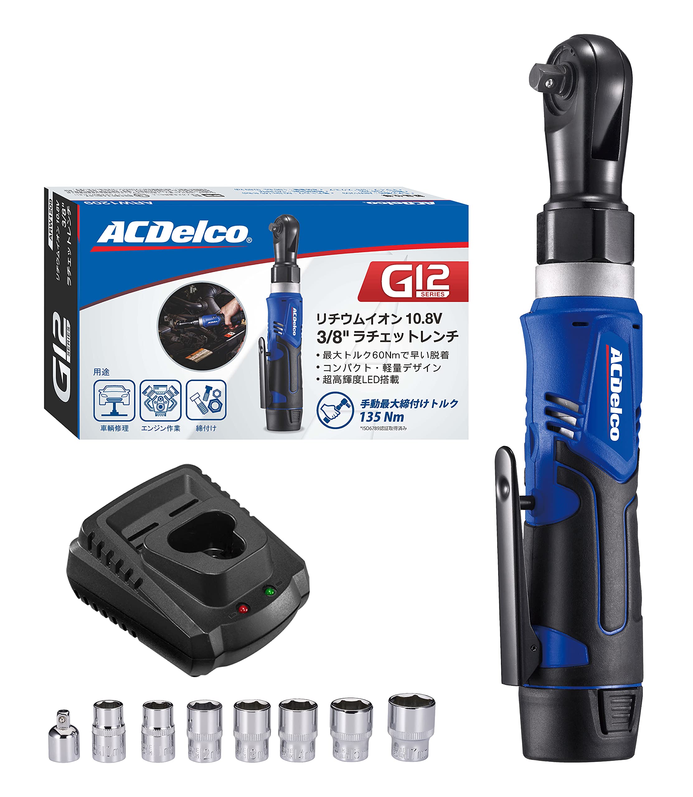 

ACDelco G12 Rechargeable Ratchet Wrench Maximum Torque Switch LED Light Japanese Instruction Manual ARW1209P 10.8V 3/8 (9.53mm) 45ft-lbs (60Nm)
