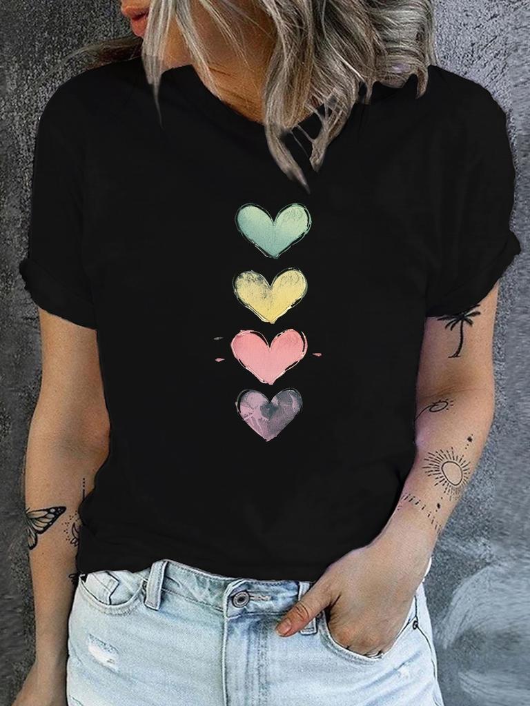 Hearts Gradient Print Crew Neck T-Shirt Casual Short Sleeve T-Shirt For Spring  Summer Women's Clothing Design In Vibrant Colors