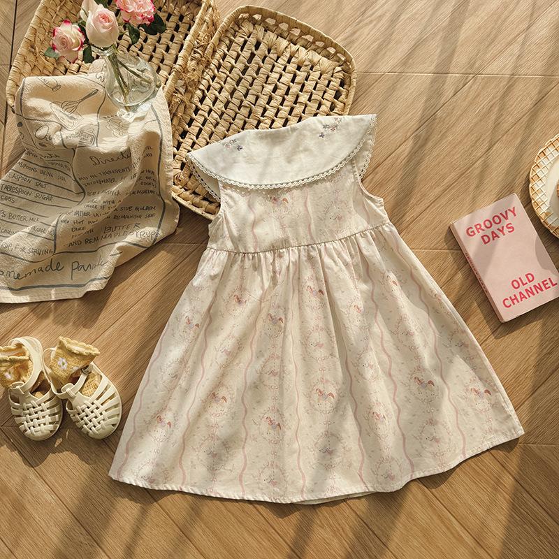 Girls Summer Floral Sleeveless Dress With Collar And Lace Trim Cute Casual Party Sundress For Kids