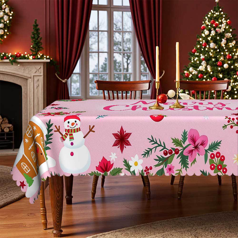 Cute Pink Christmas Tablecloth, Snowman Print, Waterproof Household Party Holiday Decoration Rectangular Dining Table Cloth
