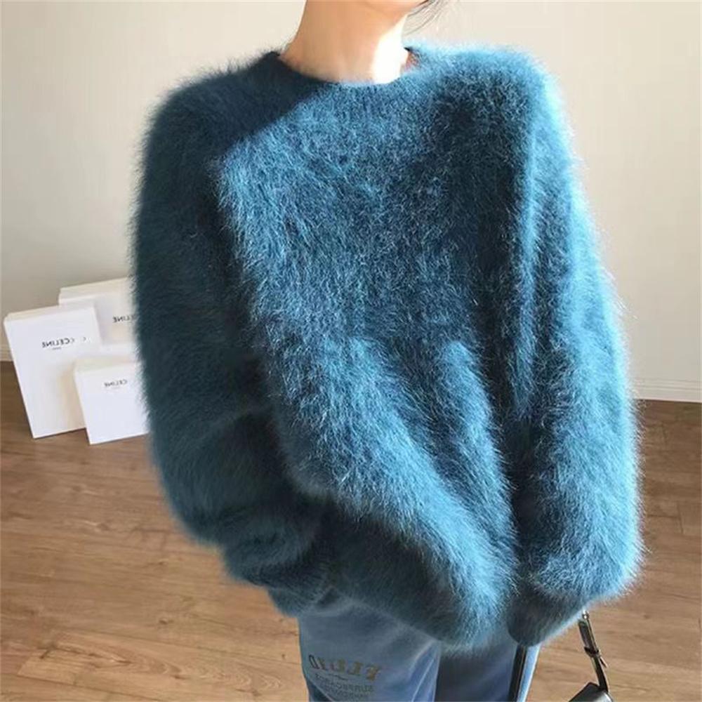 Women Autumn Winter Thick Mink Velvet Knitted Tops Female Round Neck Loose Pullover Ladies Sweaters