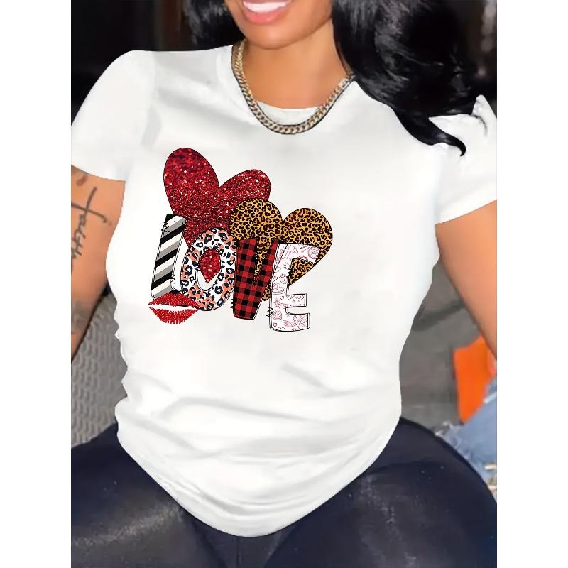 Womens LOVE Red Lip Leopard Sequin Heart Tee Round Neck Short Sleeve Soft Casual Spring Summer Top