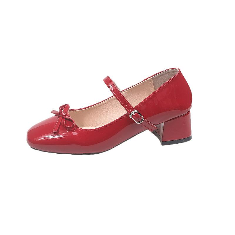 

Square head bow Mary Jane shoes women s 2025 autumn Korean version of the new thick heel light mouth one-word buckle JK small leather shoes women 42 бордовий