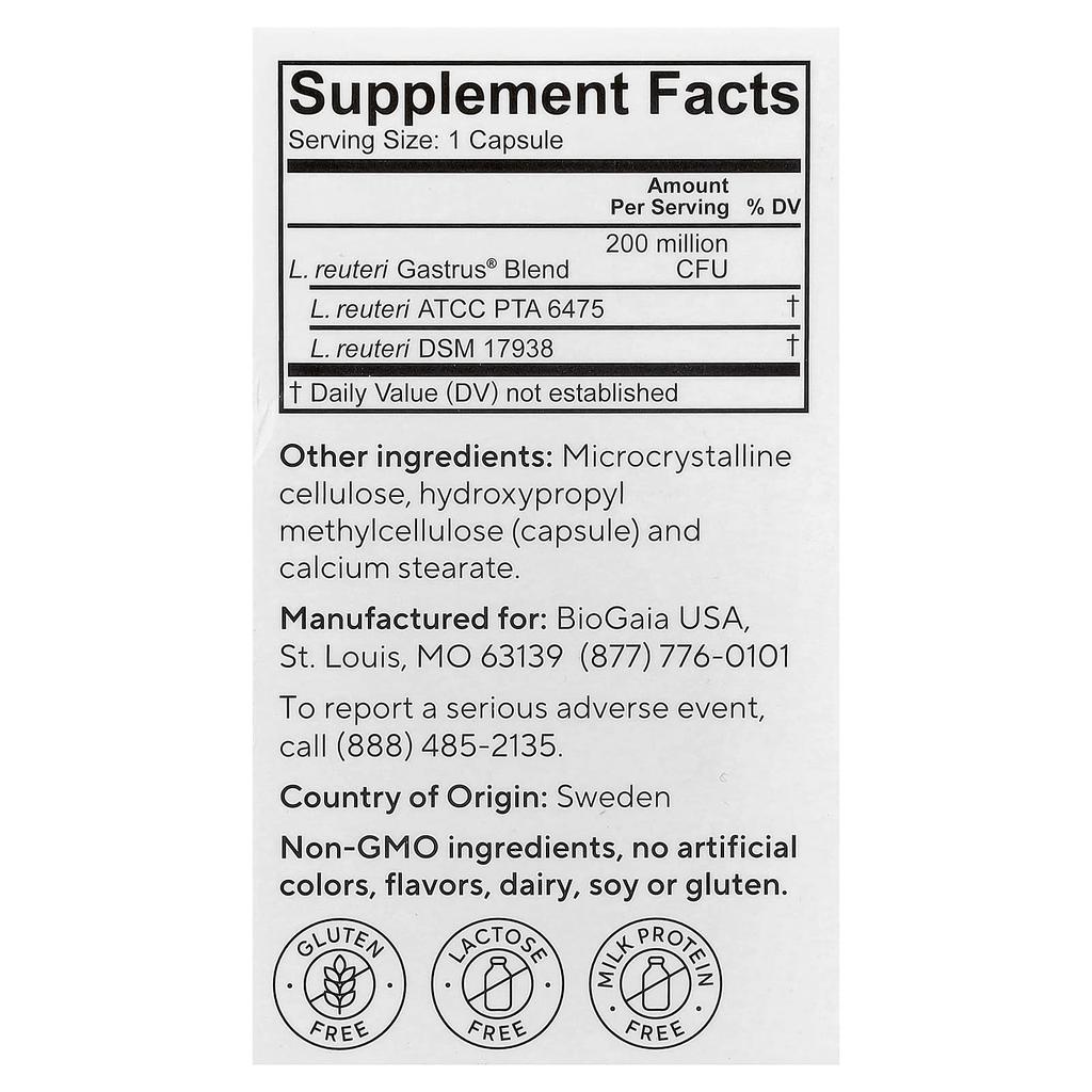 BIOGAIA Gastrus® Probiotic Capsules, Pure Action, 60 Capsules