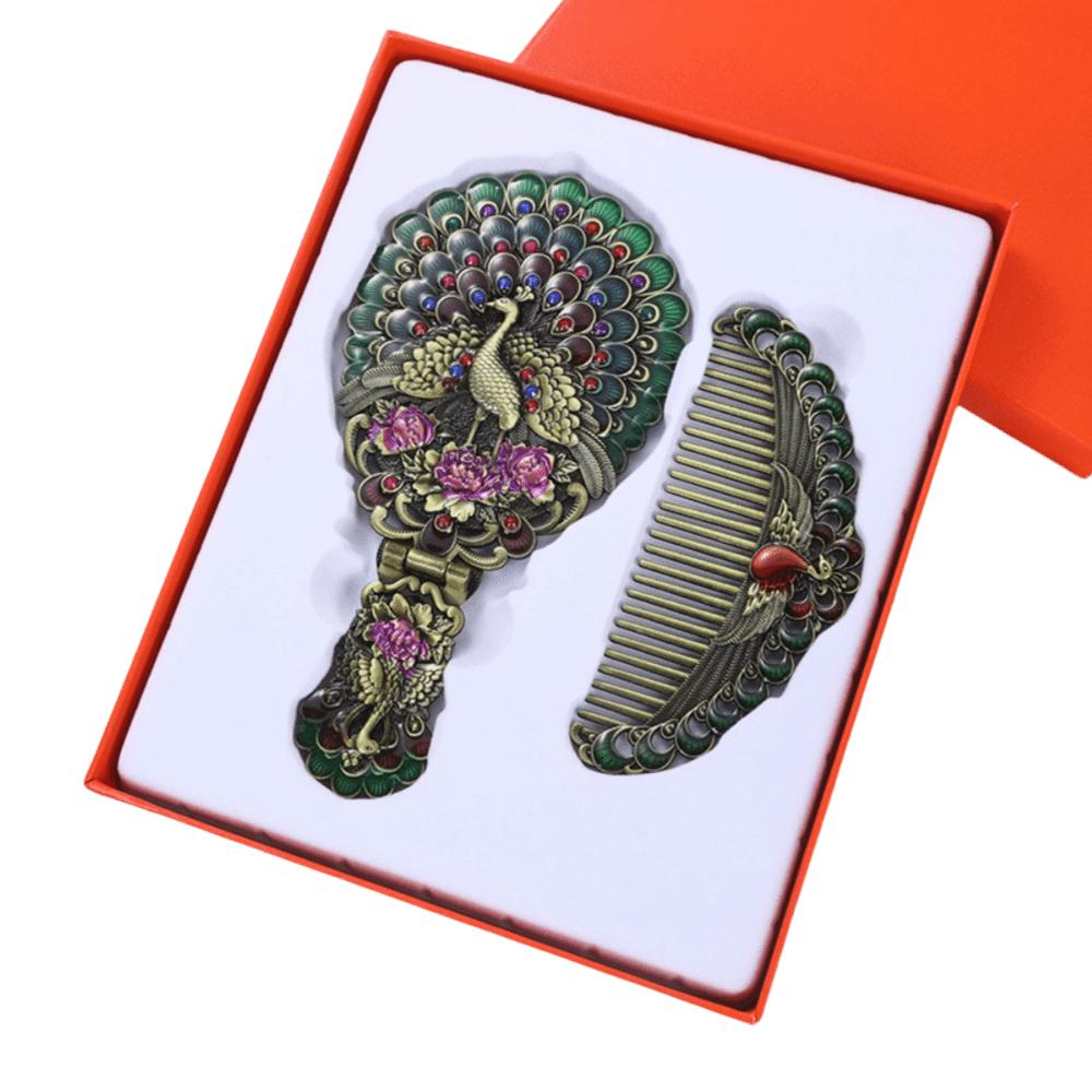 Portable Peacock Makeup Mirror Comb Set Hand-held Vanity Mirror Middle East Style 1