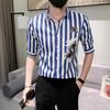 Striped Shirt Men's Five-point Sleeve Mid-sleeved New Trendy Slim Korean Printed Handsome Shirt