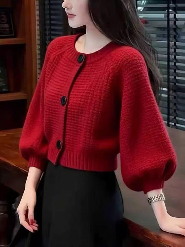 Women's Red Lantern Sleeve Cardigan: New Year Autumn/Winter Loose Knit Sweater Top