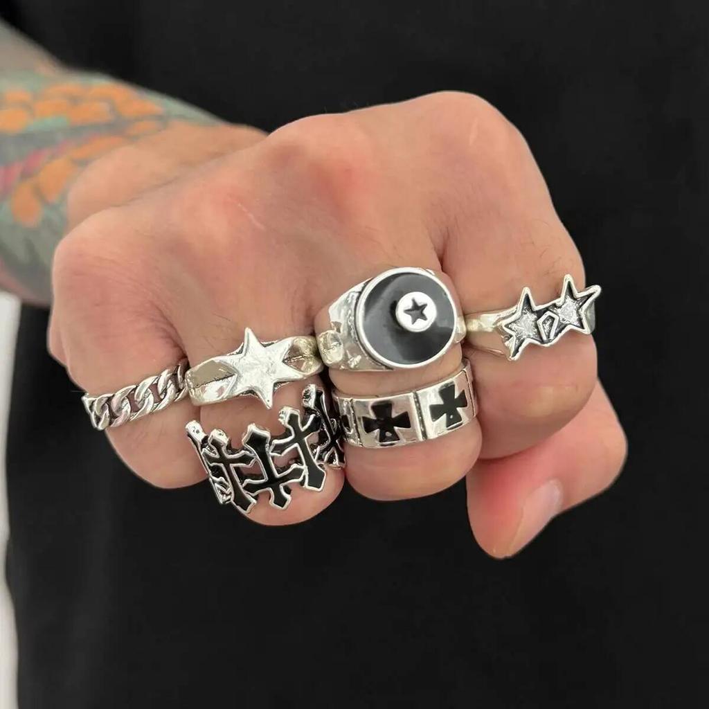 IngeSight.Z 6Pcs/Set Punk Black Pentagram Star Rings Women Men Punk HipHop Silver Color Geometric Thick Finger Ring Y2K Jewelry
