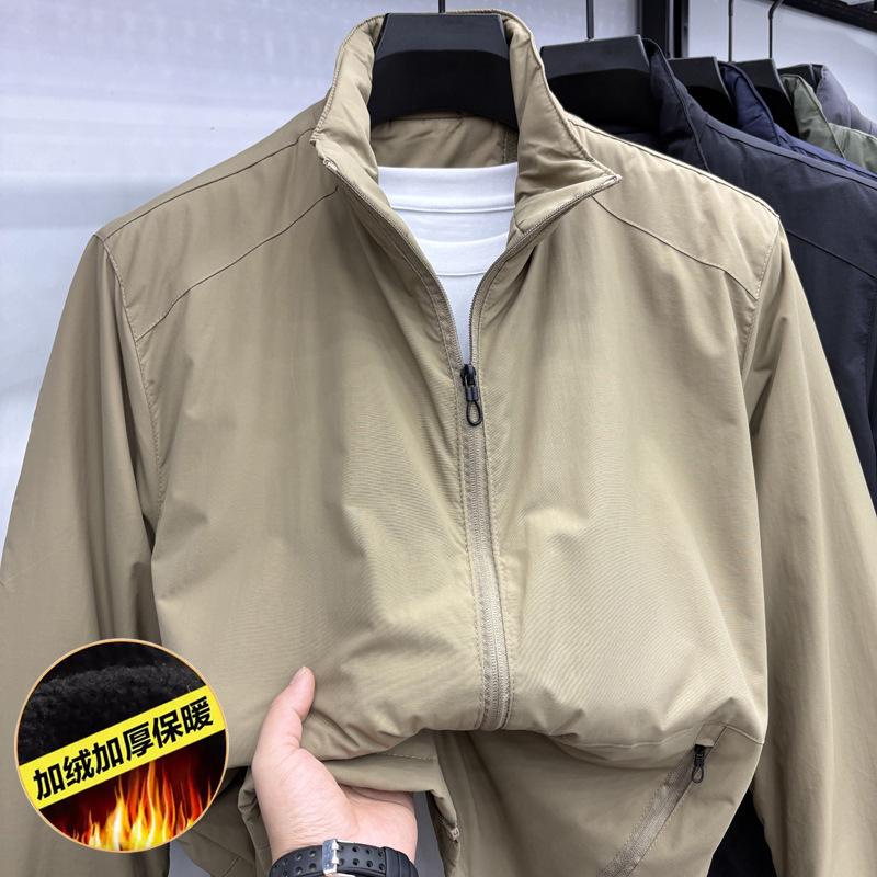 Men's Warm Velvet Jacket - Thick Stand Collar, Windproof, Solid Color Winter Coat for Middle-aged and Young Men.