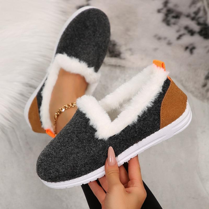 Cross-border Winter New Color Matching Flat-bottomed Velvet Snow Boots Women's Thickened Fluffy Warm Large-size Low-top Cotton Shoes