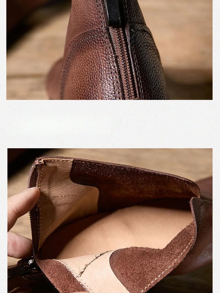 Johnature Bottines plates rétro en cuir véritable à bout rond et semelle souple, chaussures polyvalentes pour femmes