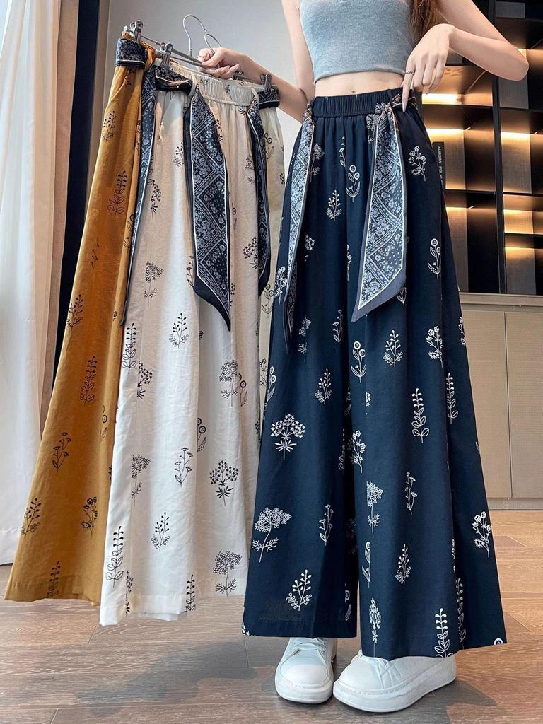 Women's Summer Ice Silk Printed Wide-Leg Pants with Elastic Waist
