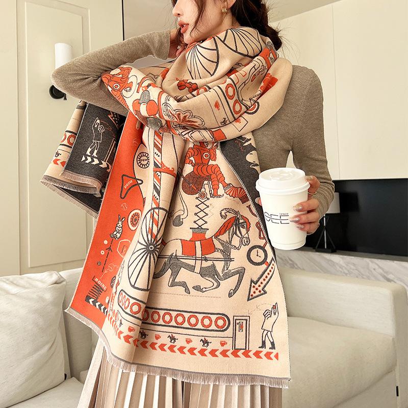 Thickened Double-sided Imitation Cashmere Scarf Shawl Retro Carriage Fashionable Imitation Cashmere Scarf for Women