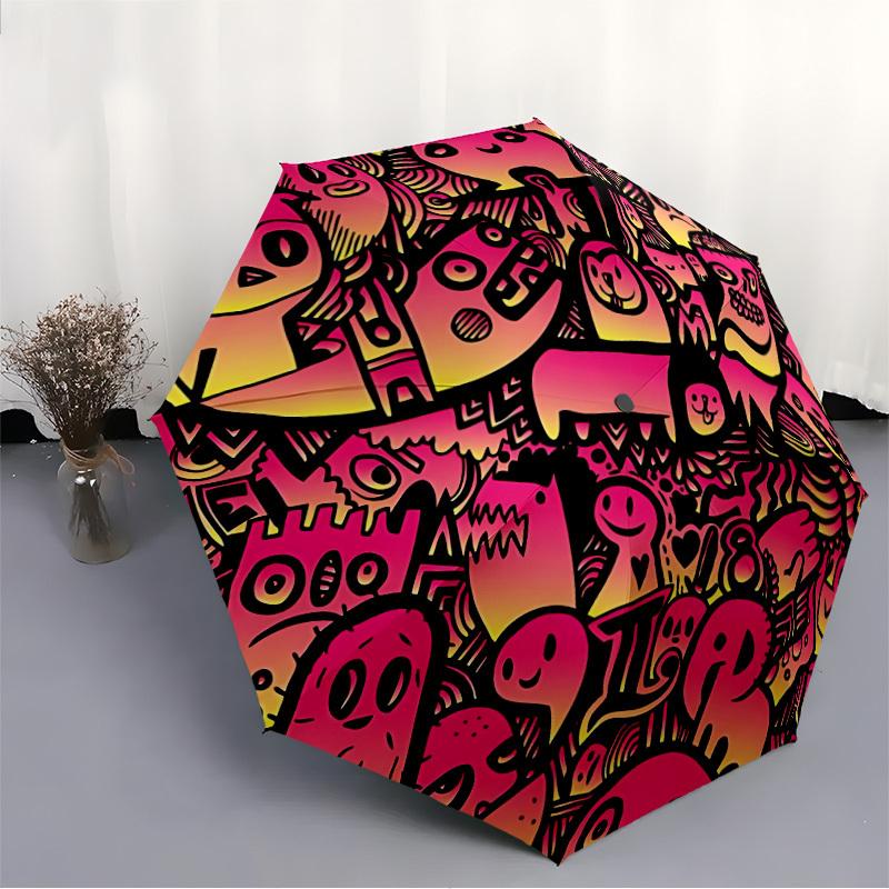 1pc Doodle Monsters Automatic Open/Close Umbrella with Windproof, Functional Design, 8-Rib Sturdy Canopy
