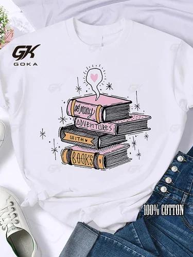 Coffee Books Brown Books American Retro Cotton T Shirt Woman Round Neck Half Sleeve T-shirts Printed Tops Woman Oversized Tees