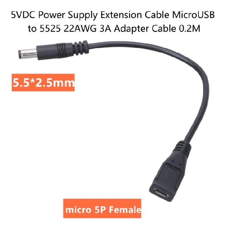 5VDC Power Supply Extension Cable MicroUSB to 5525 22AWG 3A Adapter Cable 0.2M