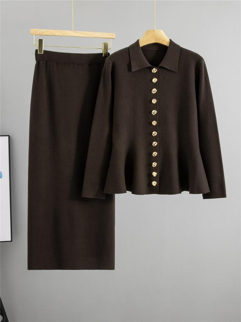 Women's Spring/Fall Elegant POLO Collar Ruffle Cardigan Sweater & Hip-Hugging Skirt Two-Piece Set