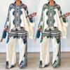 Autumn 2025 Fashion Print Two-Piece Set: Lapel Batwing Sleeve Top & Loose Long Pants