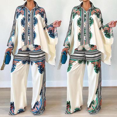 Herfst 2025 Mode Print Tweedelig Set: Revers Batwing Mouw Top & Losse Lange Broek