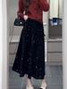 Women's Black Sequined Velvet Midi Skirt - Fashionable and Elegant for Spring and Autumn