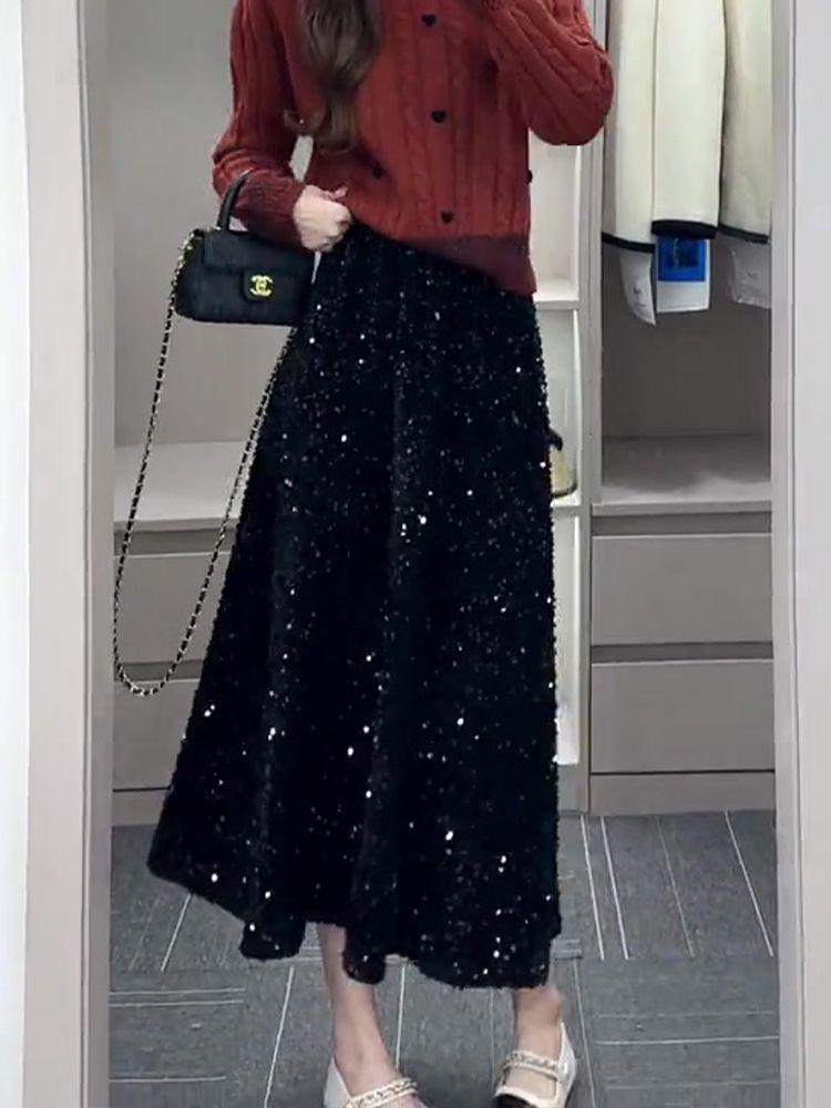 Women's Black Sequined Velvet Midi Skirt - Fashionable and Elegant for Spring and Autumn