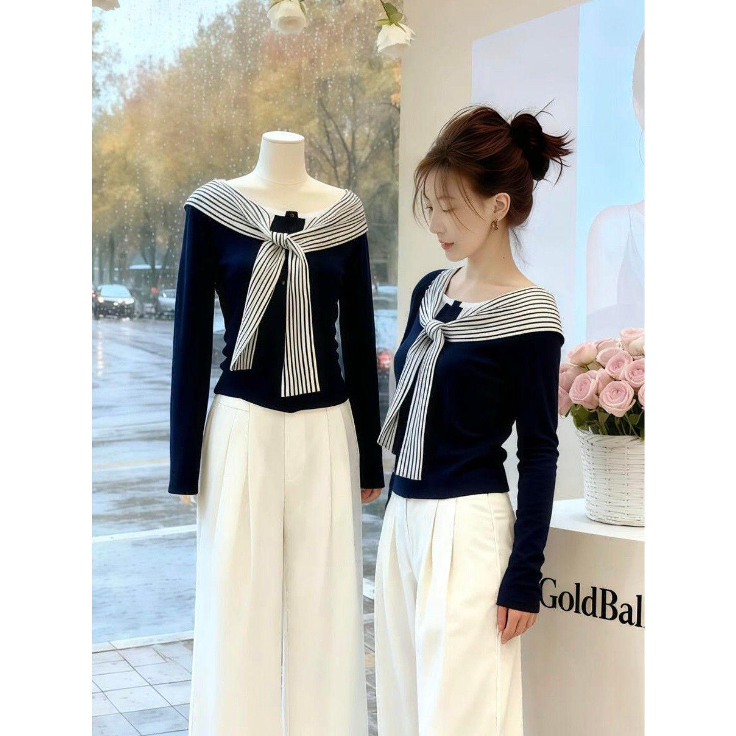 2025 Autumn/Winter Korean College Style Shawl Top - Elegant Long-Sleeve for Women L