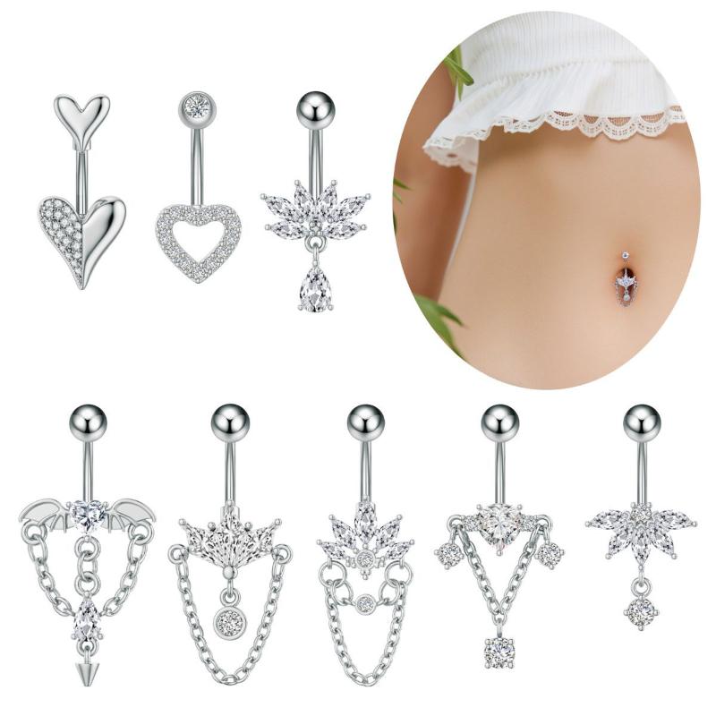 Zircon Heart Belly Button Ring For Women Girls Body Piercing Stainless Steel Navel Ring Beach Jewelry