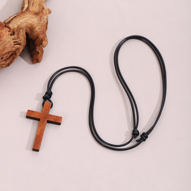 Vintage Wooden Cross Pendant Wax Rope Necklace For Men Women Accessories Jewelry Gift