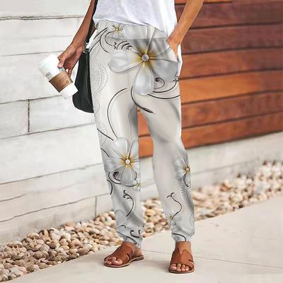 Women Flower Printing Pants Lace Up Elastic Waist Loose  Trousers Casual Long Pants Trousers with Pockets