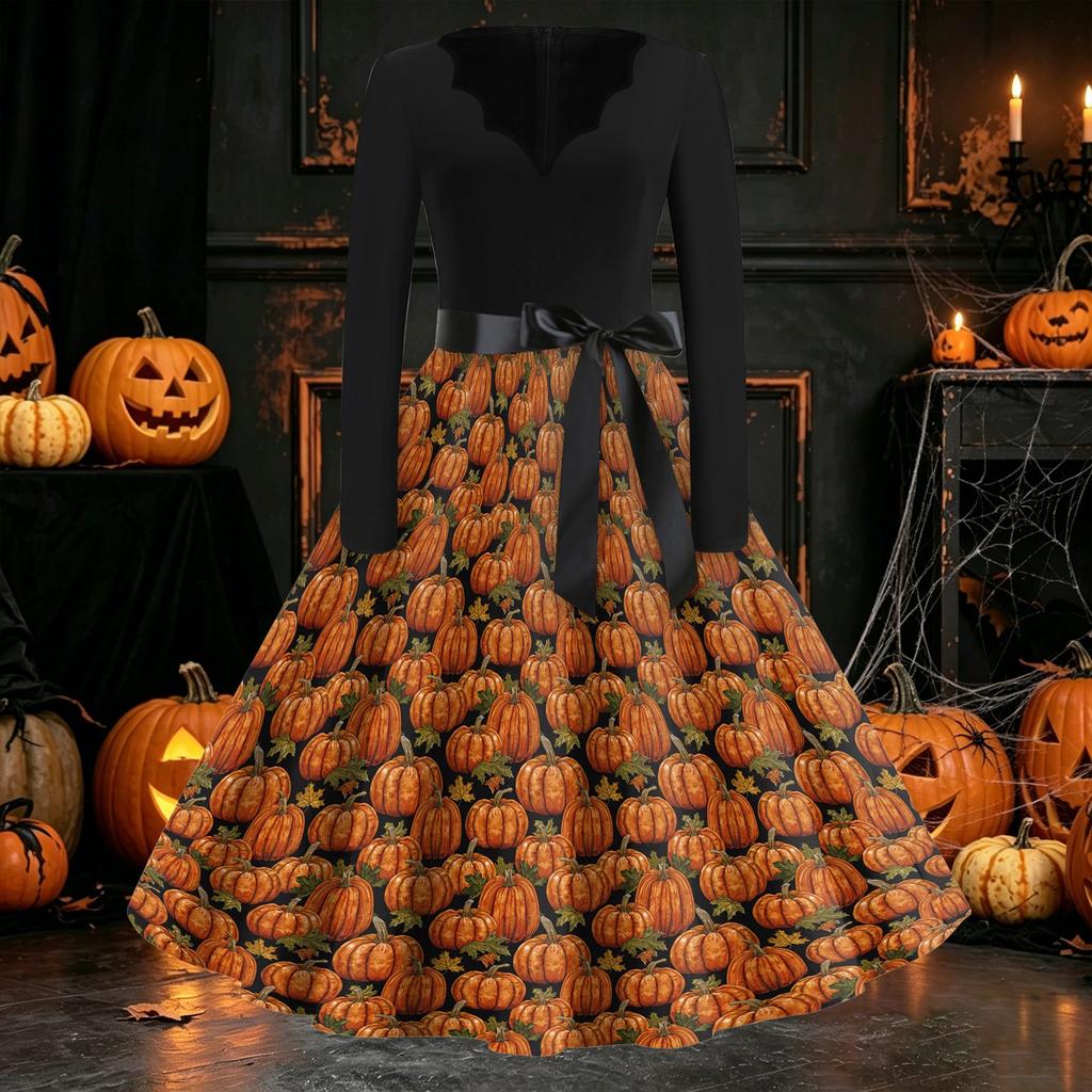 Women's Casual Long Sleeve V Neck Vintage Dress Halloween Print A Line Midi Dress with Waist Tie Belt for Everyday Wear