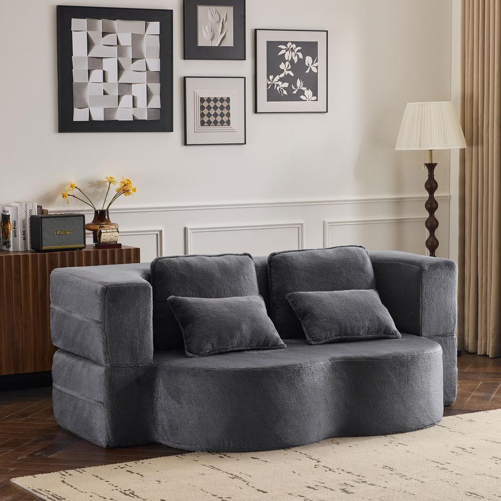 Large blue-gray floor sofa with 4 throw pillows, flannel sofa, high-density foam folding mattress, living room, bedroom, no assembly required